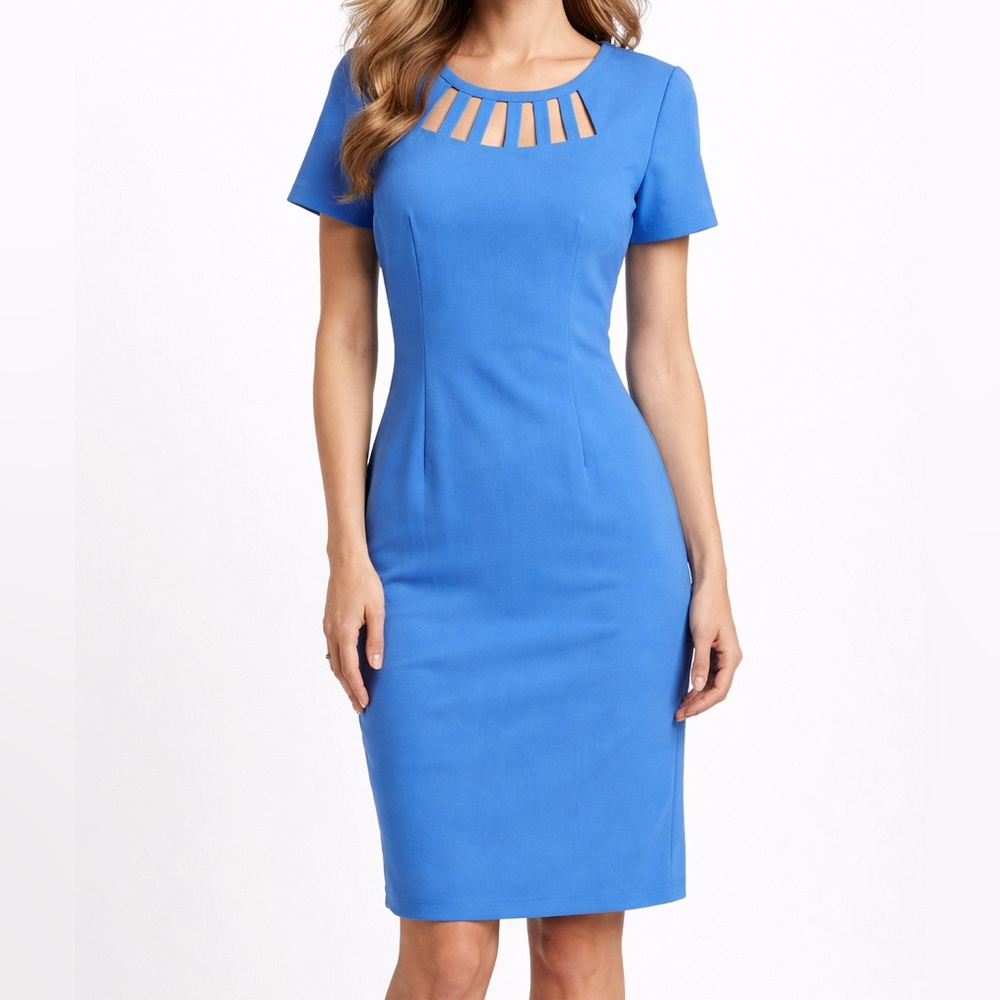 AB Studio Blue Cutout Neck Sheath Dress Size 10 Business Casual Midi